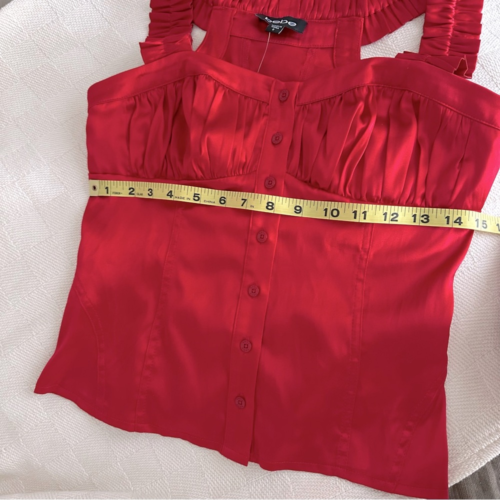 BEBE NWT Satin/Silk Red Ruffle Tank Top! Gorgeous Summer Vibe! Size S button up - Picture 10 of 11